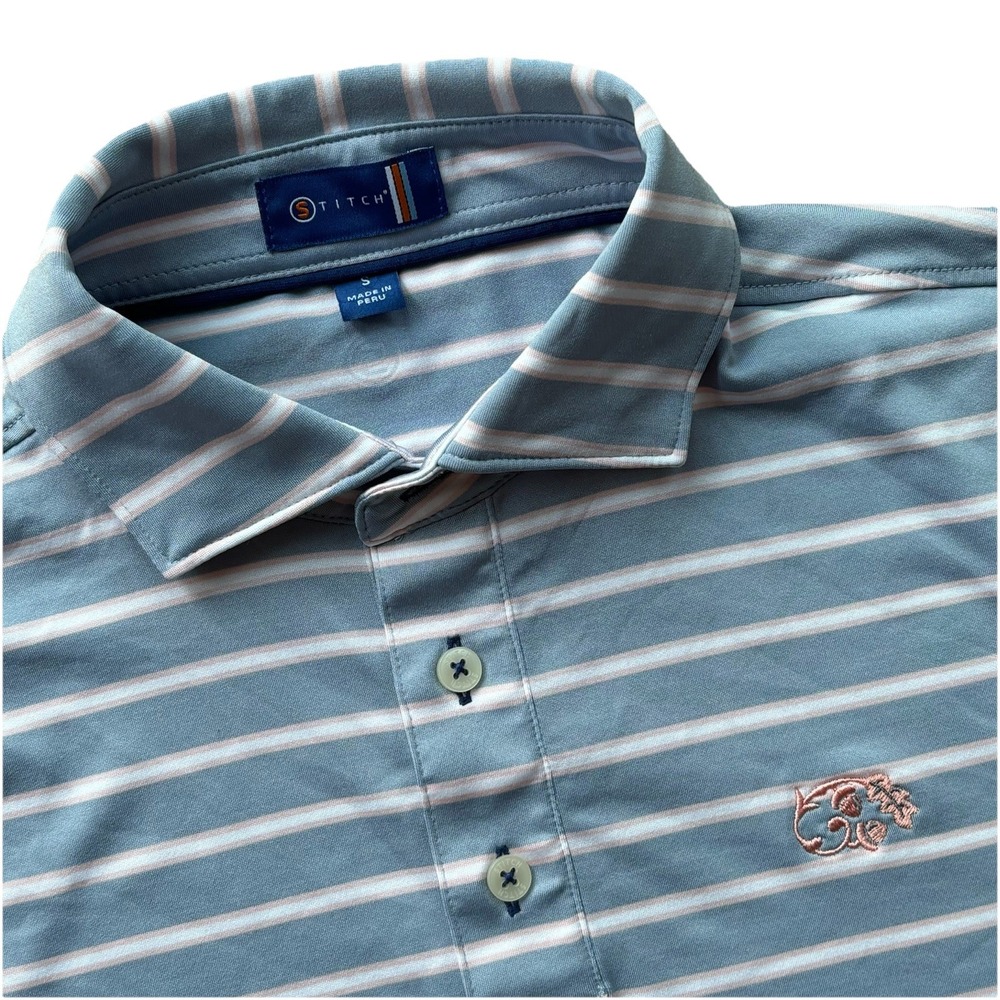 Stitch Golf Polo Shirt Mens Small Performance Stretch Grey Peach Stripes Tennis